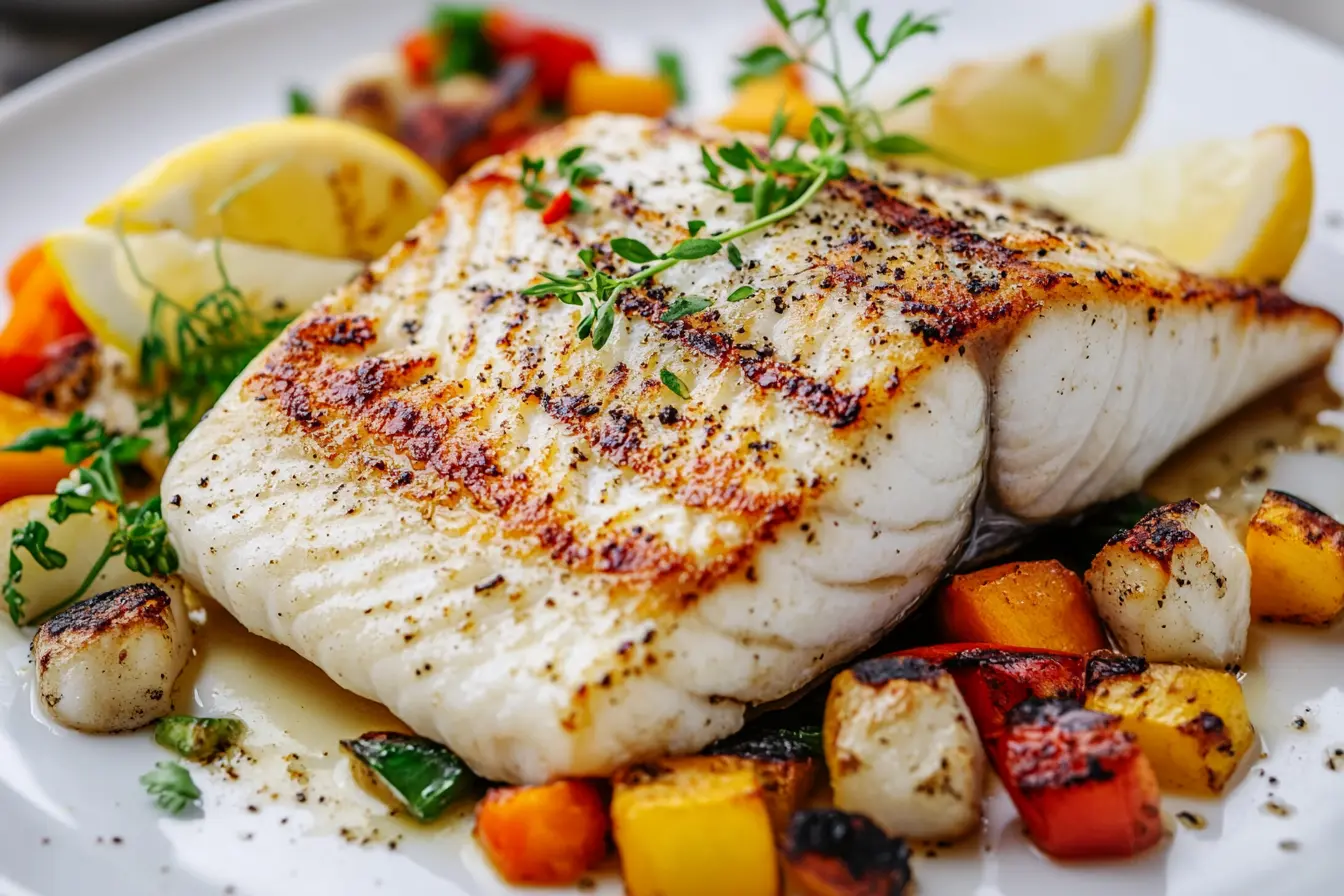 Grilled Chilean Sea Bass served with roasted vegetables and lemon.