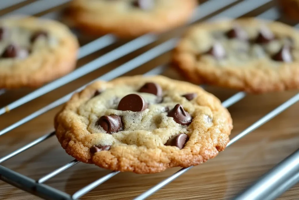 Choc chip cookies without brown sugar cooling on a wire rack