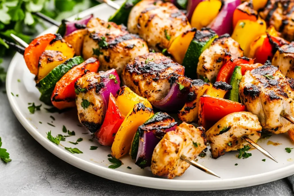 A plate of freshly grilled Costco chicken kebabs with colorful vegetables