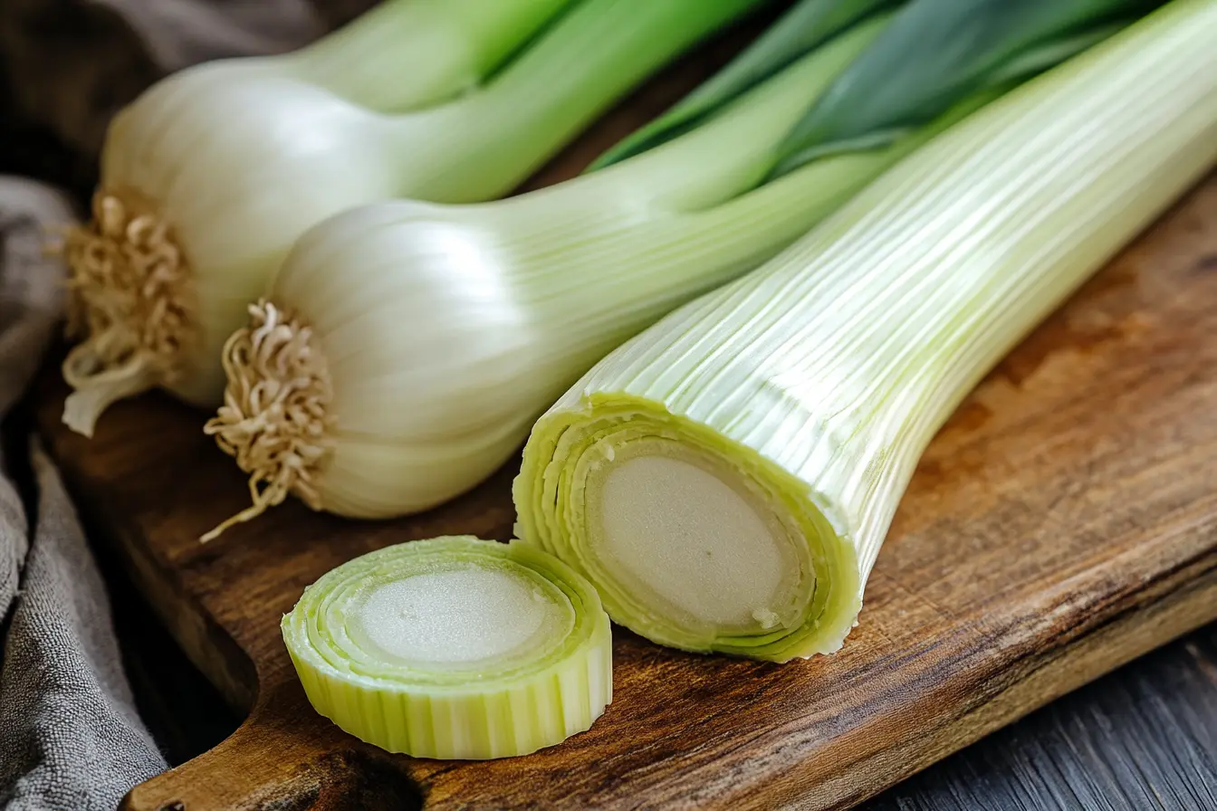 Alt Text: Fresh leeks sliced on a cutting board for soup.