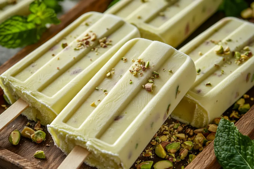 Close-up of creamy pistachio popsicles on a wooden tray with crushed pistachios and fresh mint leaves, slightly melting under the bright summer sun.