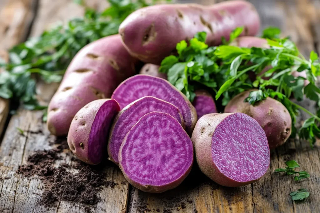 Whole purple sweet potatoes including Stokes, Okinawan, and Japanese varieties.