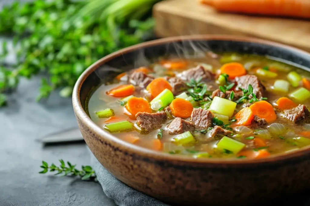 Close-up of a hearty beef and leek soup with tender beef, leeks, carrots, and fresh herbs in a rich broth.