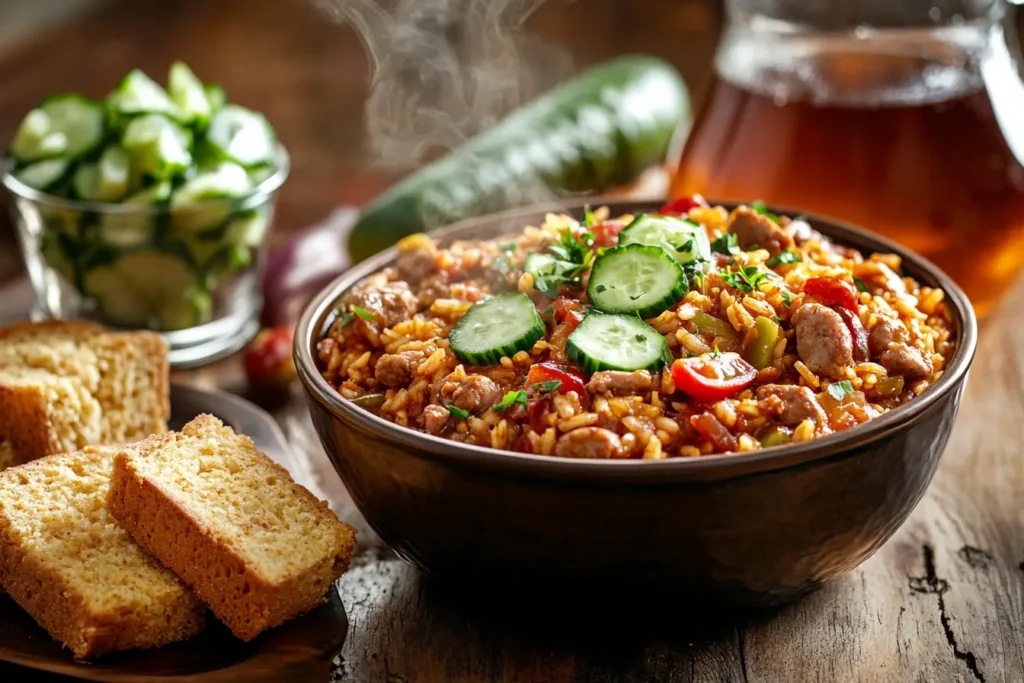 A bowl of jambalaya served with cornbread, cucumber tomato salad, and sweet tea.