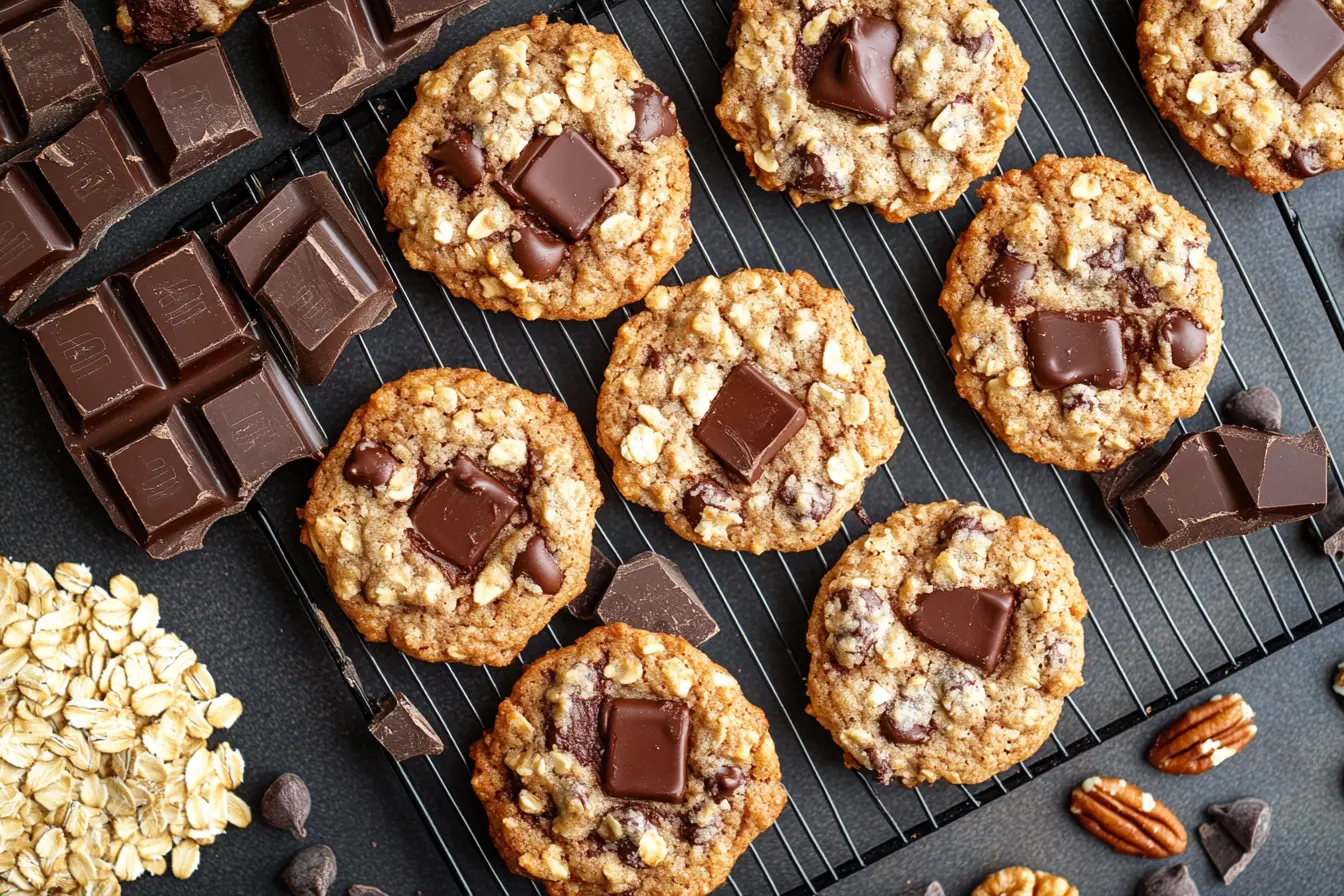 Healthy chocolate chip cookies with dark chocolate and oats.