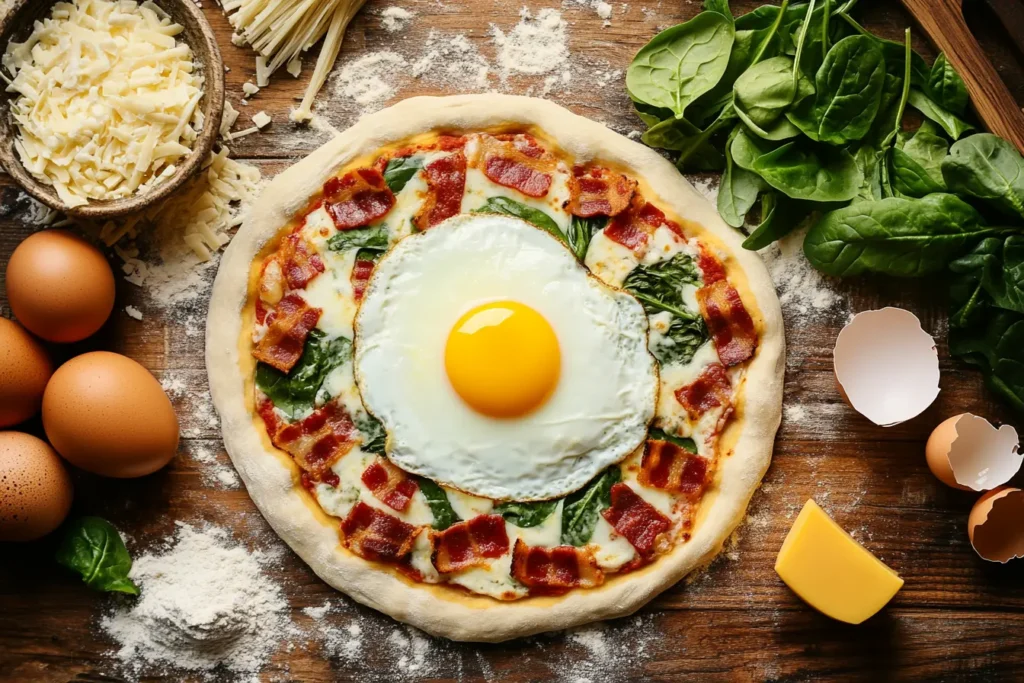 Unbaked pizza with a raw egg cracked in the center, ready for the oven.