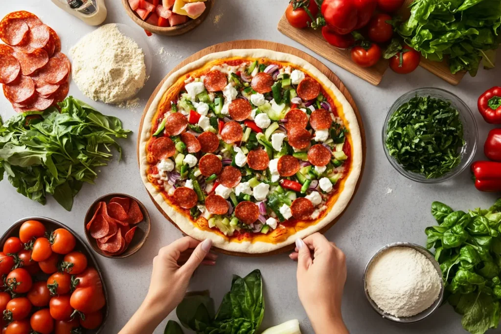 Domino's gluten-free pizza being assembled with fresh toppings