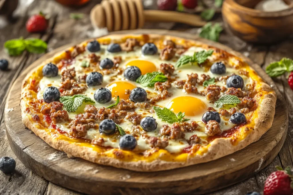 Sweet and savory breakfast pizza with turkey sausage, eggs, and blueberries.