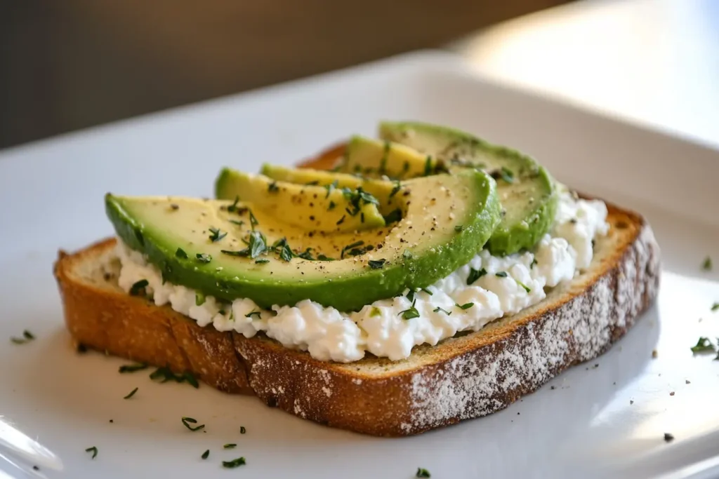 Toast with cottage cheese, avocado slices, and herbs on a white plate.