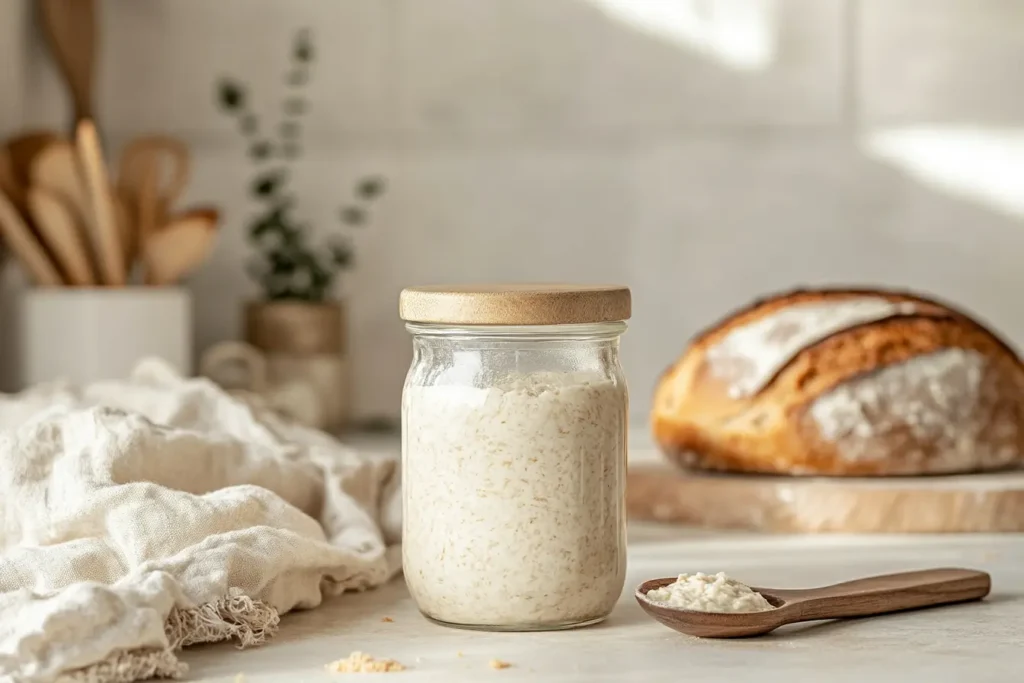 Sourdough discard in a glass jar next to a wooden spoon in a cozy kitchen