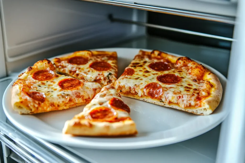 Cold pizza slices from the fridge, ready for a quick breakfast.