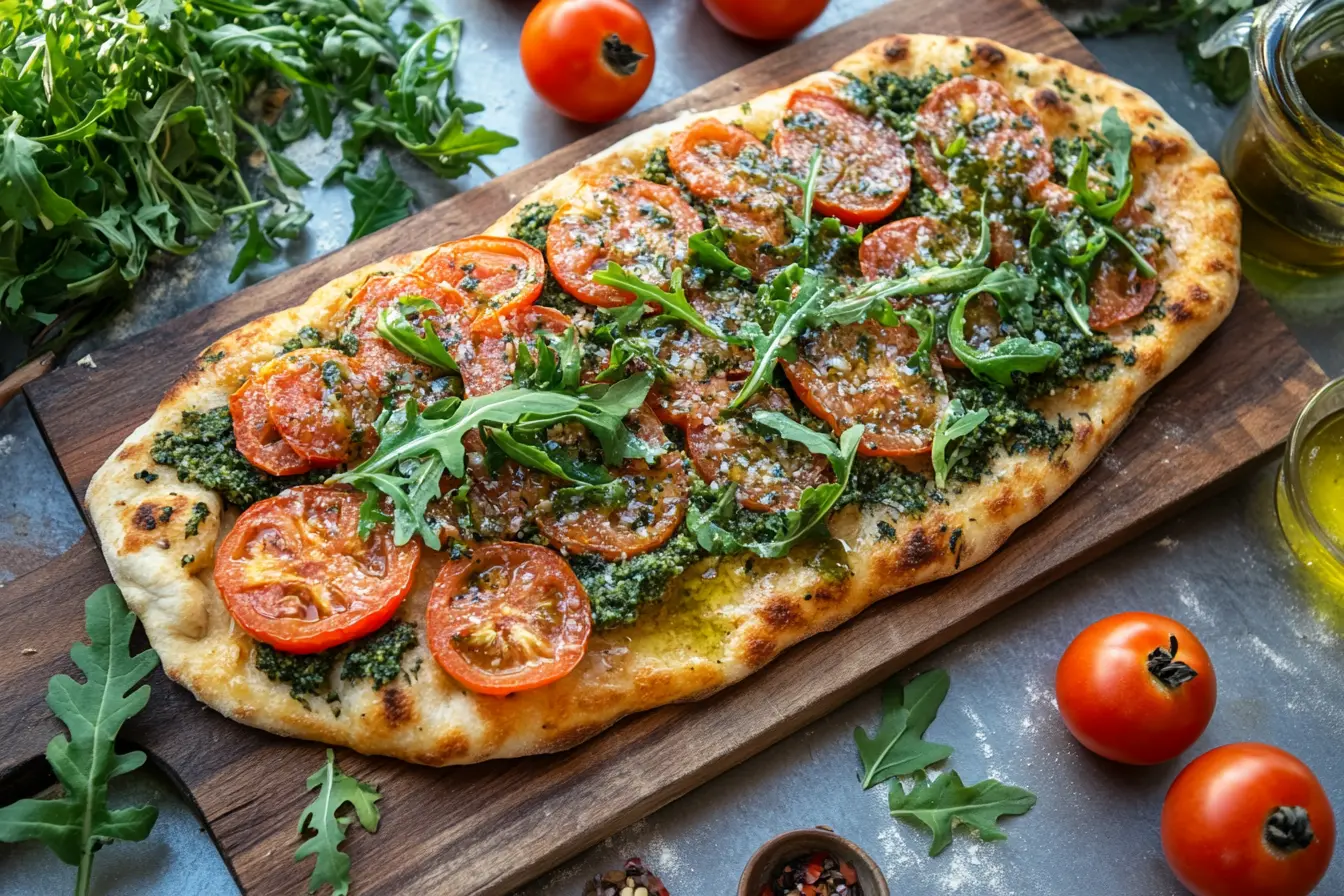 Sourdough discard flatbread topped with fresh tomatoes, arugula, and olive oil.