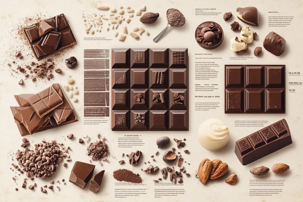 An infographic showing cocoa solids percentages in milk, dark, and white chocolate.