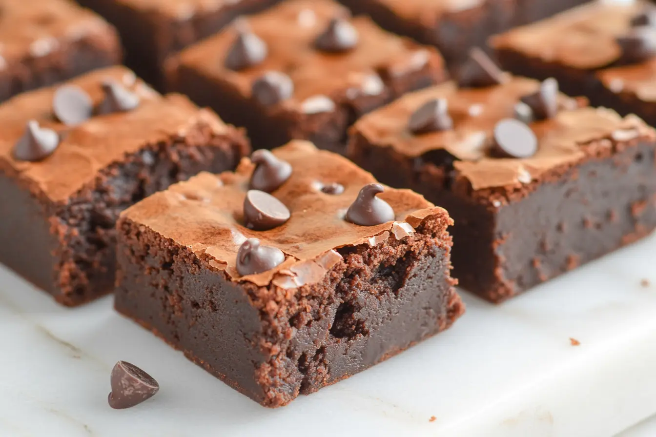 Rich chocolate chip brownies cut into squares on a marble board.