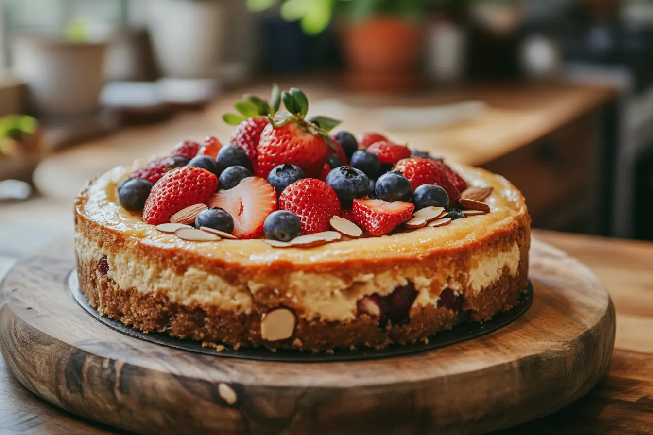 Cottage cheese cheesecake topped with fresh fruit.