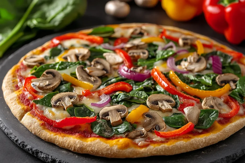 Healthy breakfast pizza with vegetables like spinach, bell peppers, and mushrooms on a whole wheat crust.