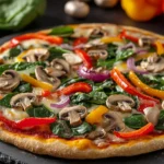 Healthy breakfast pizza with vegetables like spinach, bell peppers, and mushrooms on a whole wheat crust.