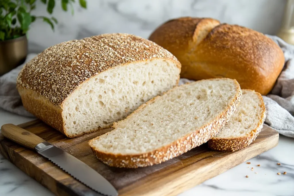 Freshly baked white and whole wheat loaves sliced on a cutting board.