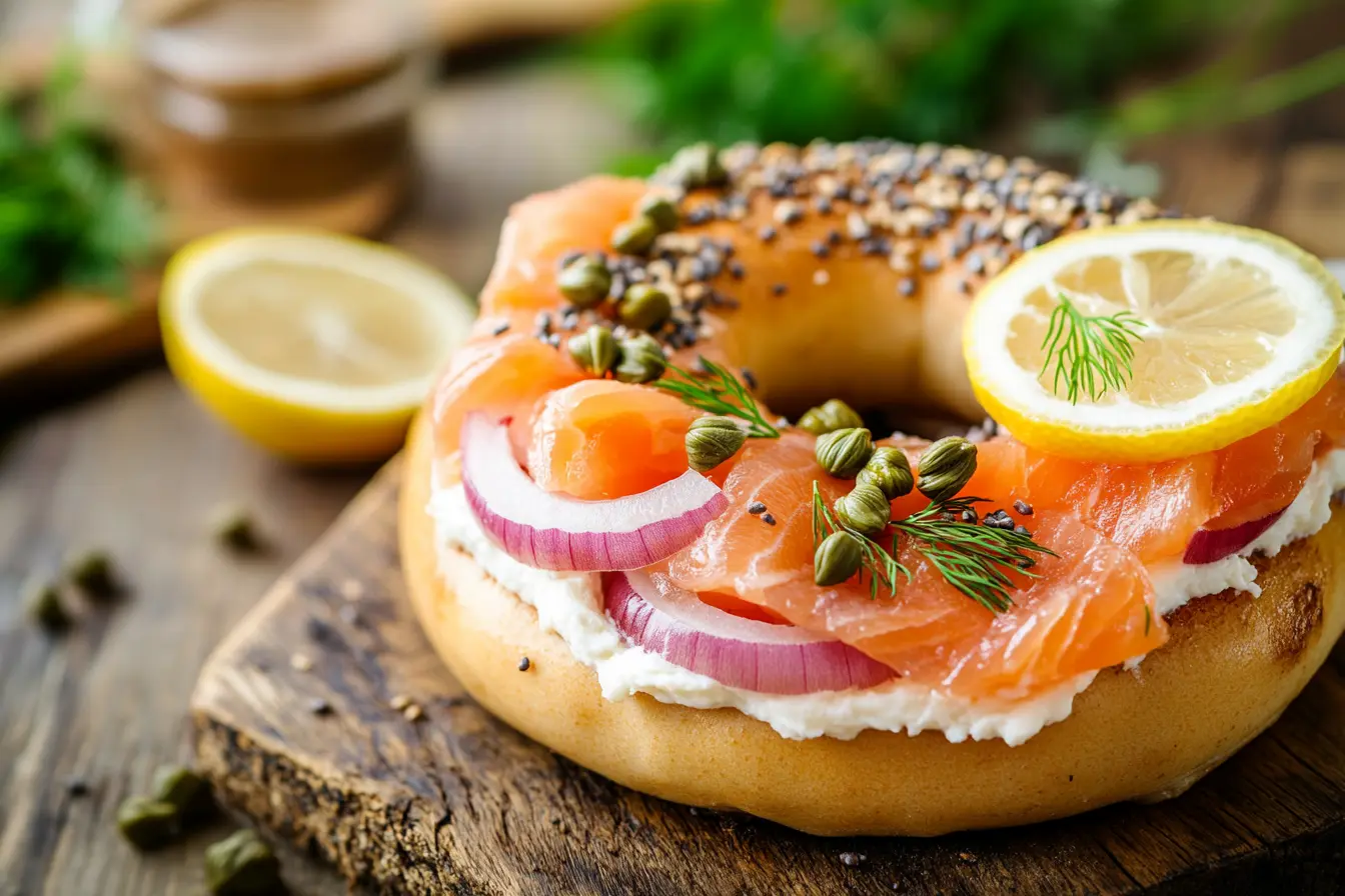 Smoked salmon bagel with cream cheese, capers, and red onions