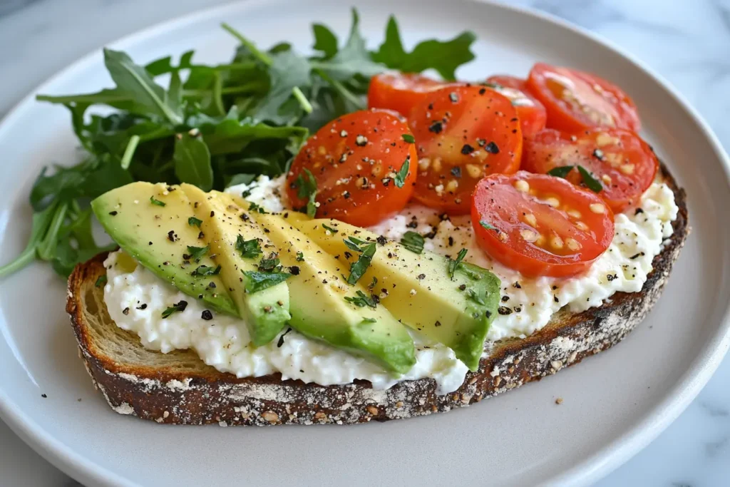 Avocado and tomato on cottage cheese toast with herbs and arugula