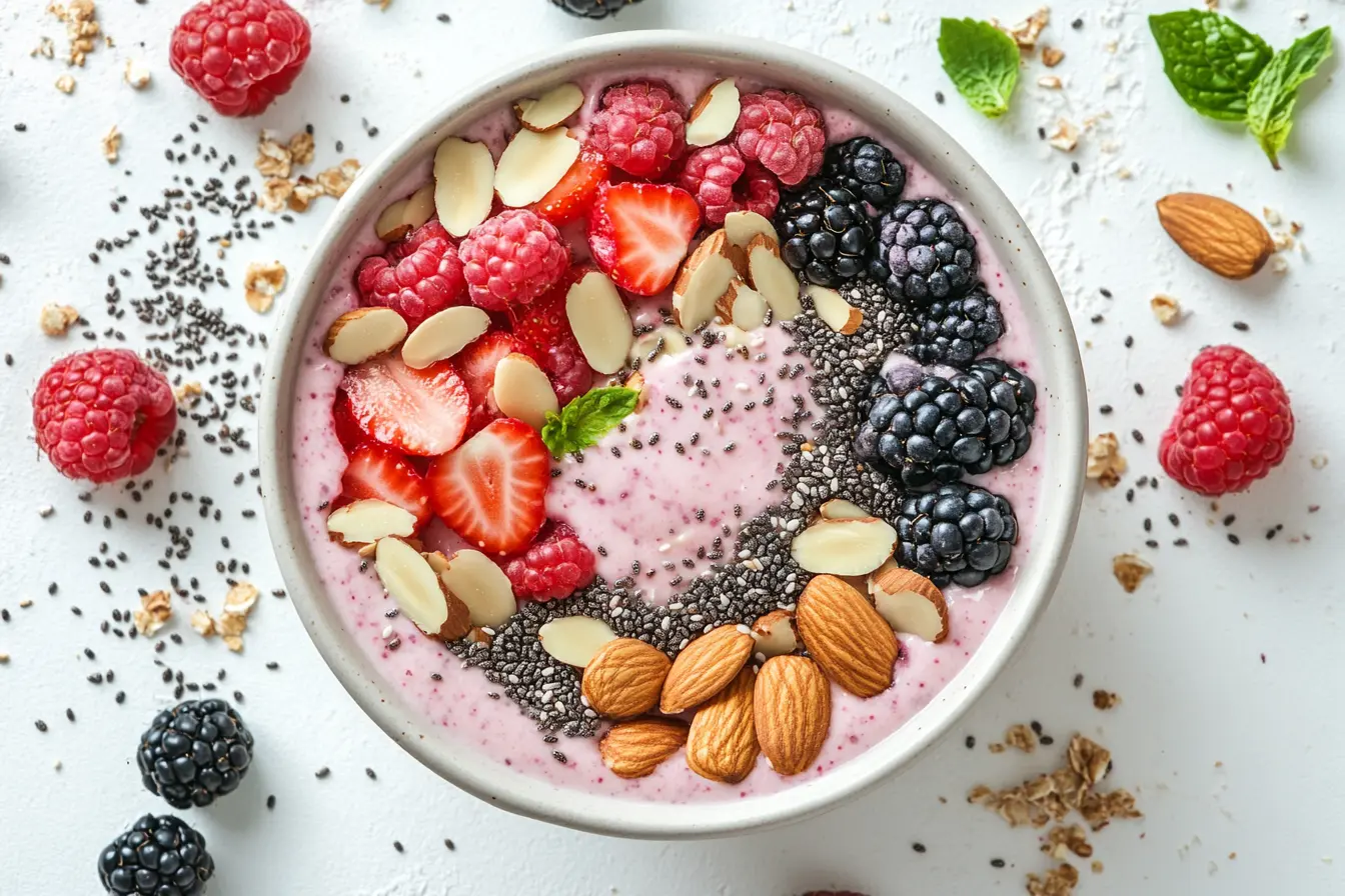 Cottage cheese smoothie bowl topped with berries and nuts for weight loss.