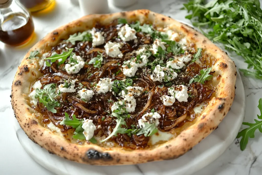 Gourmet gluten-free pizza with caramelized onions, goat cheese, arugula, and truffle oil.