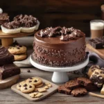 Assortment of milk chocolate desserts like brownies and cookies.