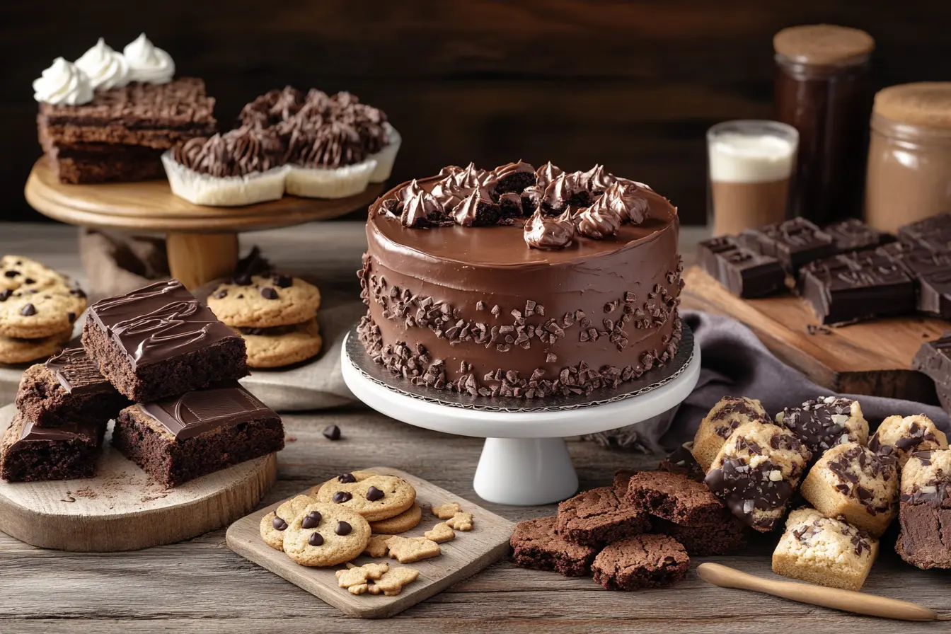 Assortment of milk chocolate desserts like brownies and cookies.