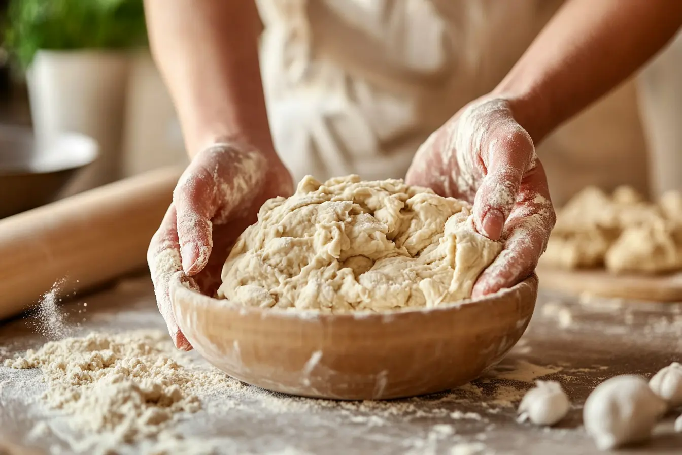 Smooth and well-kneaded gluten-free pizza dough on a floured surface