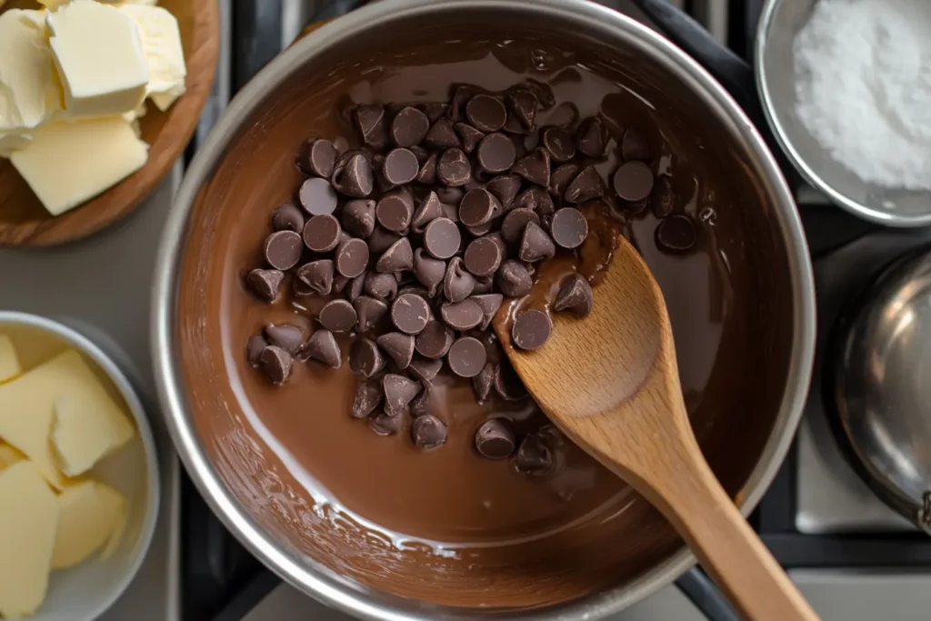 Melting semi-sweet chocolate chips in a double boiler for baking