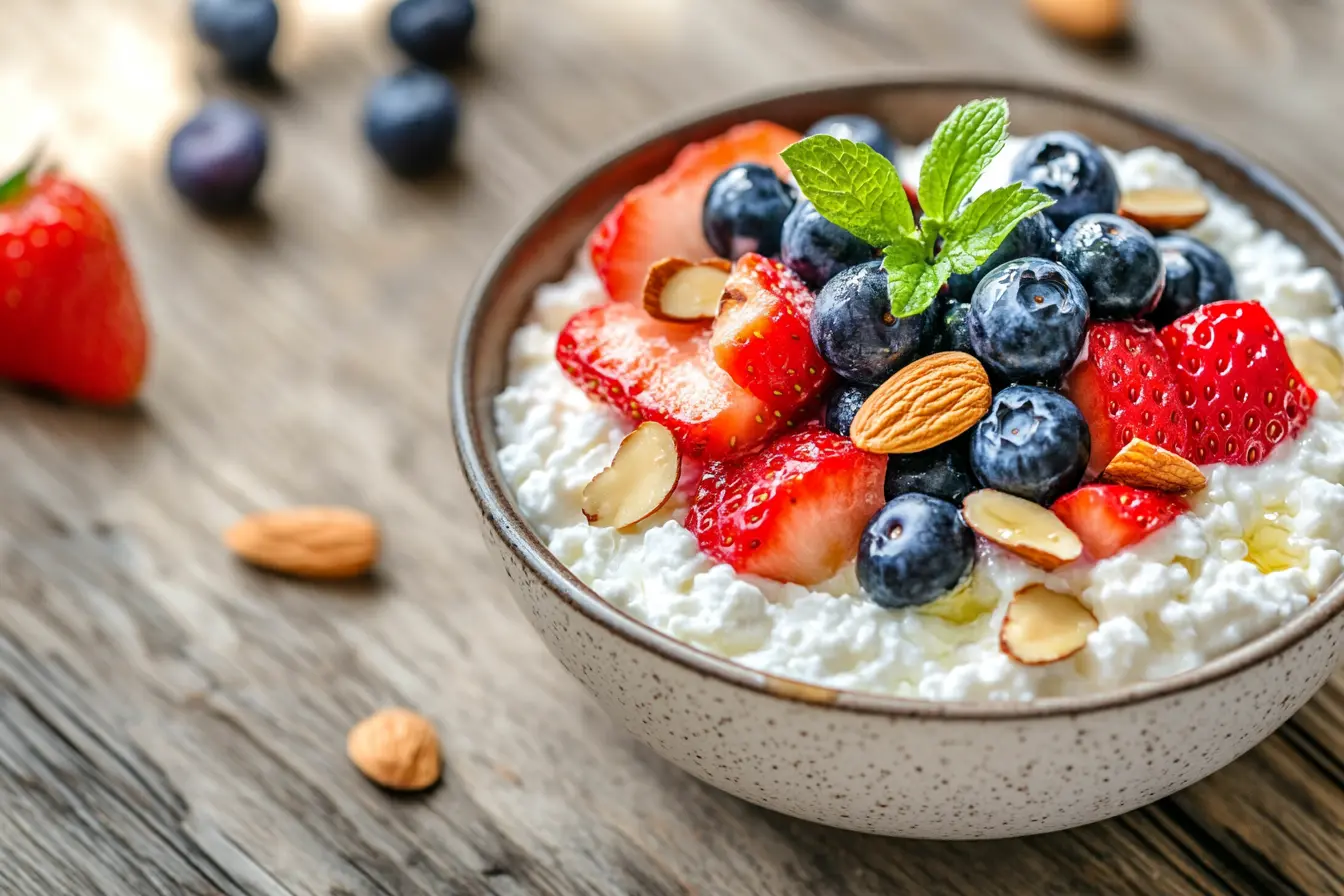 Cottage cheese breakfast bowl with fresh fruits and honey.