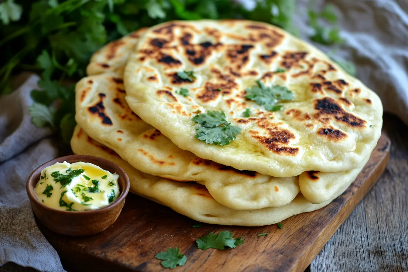 Freshly made sourdough naan bread, garnished with cilantro and served with garlic butter.