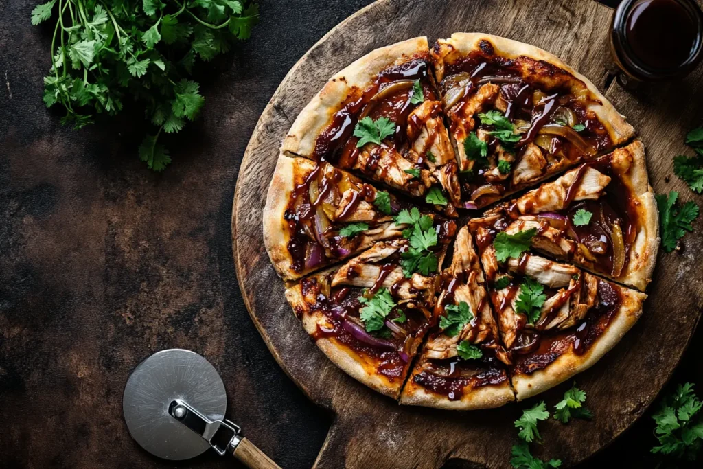 BBQ chicken gluten-free pizza with grilled chicken, onions, and cilantro.