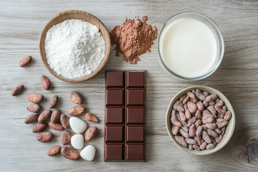 A milk chocolate bar surrounded by cocoa beans, sugar, and milk powder.