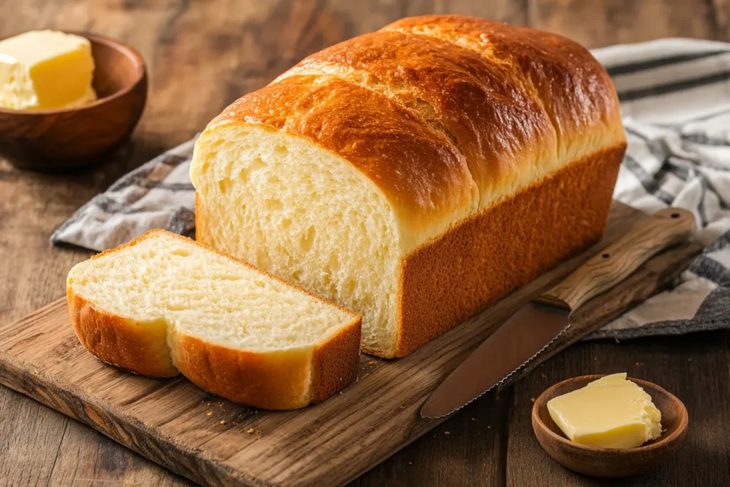 Freshly baked loaf of sandwich bread with butter on a wooden cutting board.