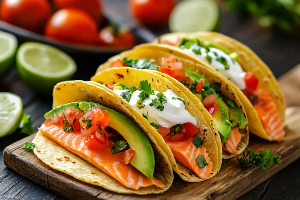 Smoked salmon taco with avocado and fresh salsa